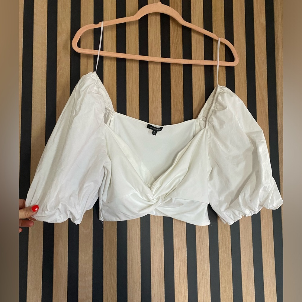 Dynamite White Puff Sleeve Twist Crop Top